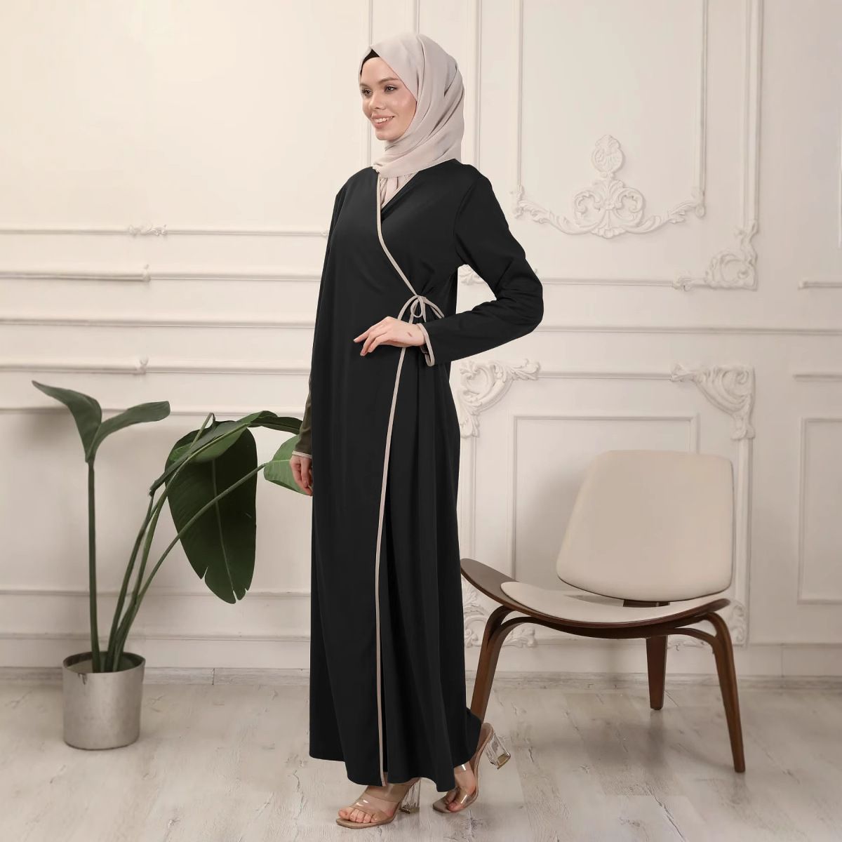 New Product Selection M292 # Cross border Muslim Middle Eastern Women's Wear Color Contrasting Strap Robe Casual Long Sleeve Arabic Robe Dress