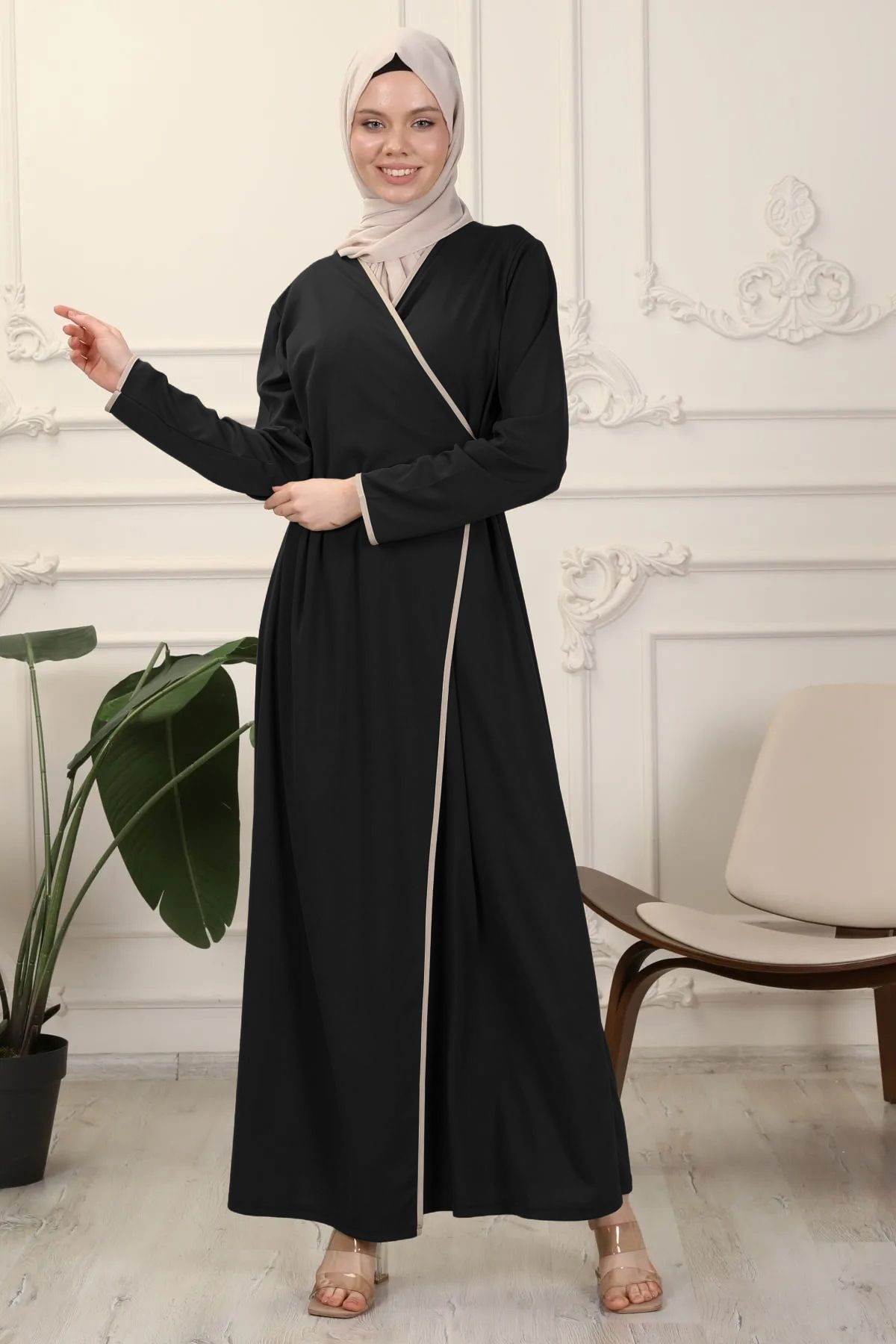 New Product Selection M292 # Cross border Muslim Middle Eastern Women's Wear Color Contrasting Strap Robe Casual Long Sleeve Arabic Robe Dress