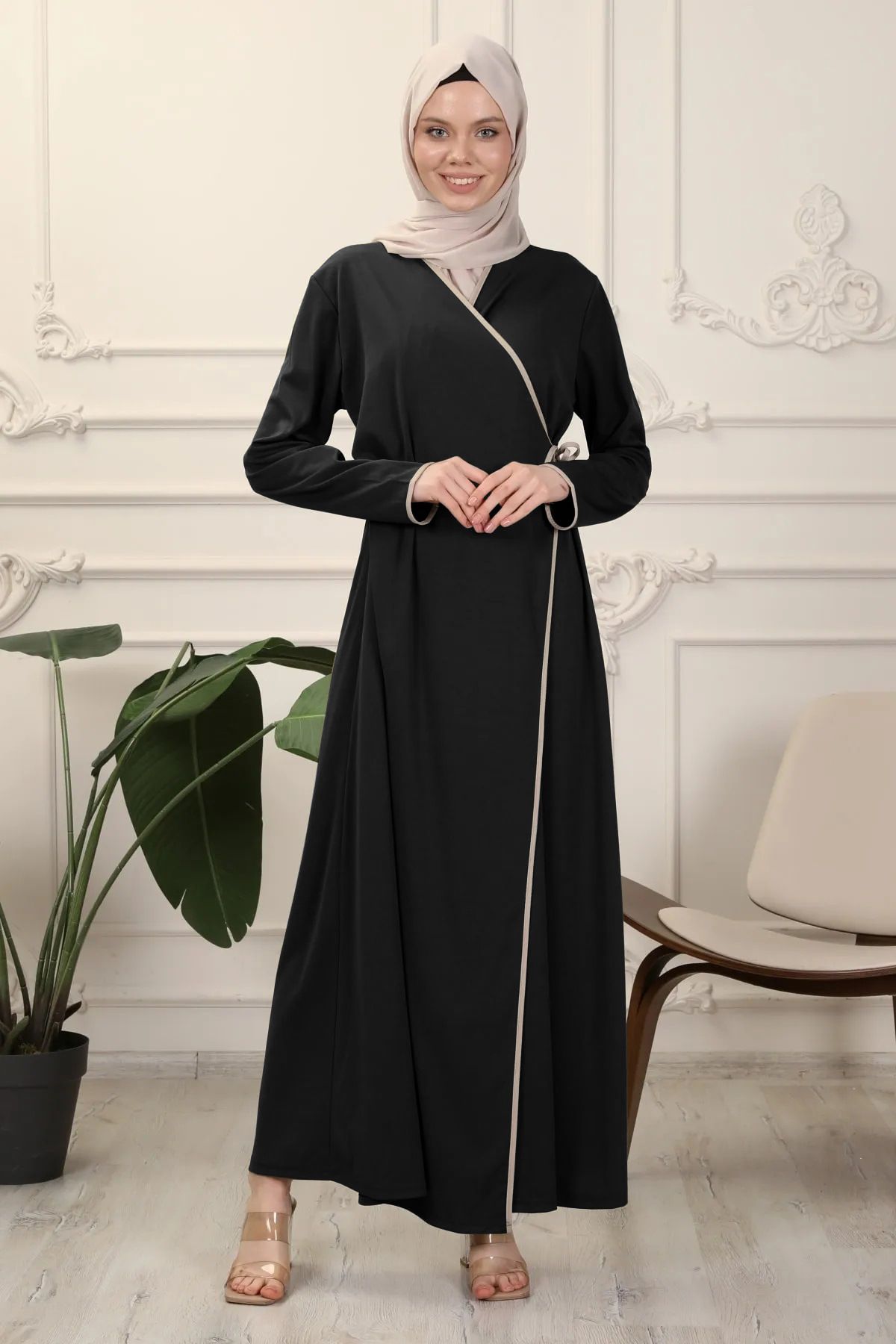 New Product Selection M292 # Cross border Muslim Middle Eastern Women's Wear Color Contrasting Strap Robe Casual Long Sleeve Arabic Robe Dress