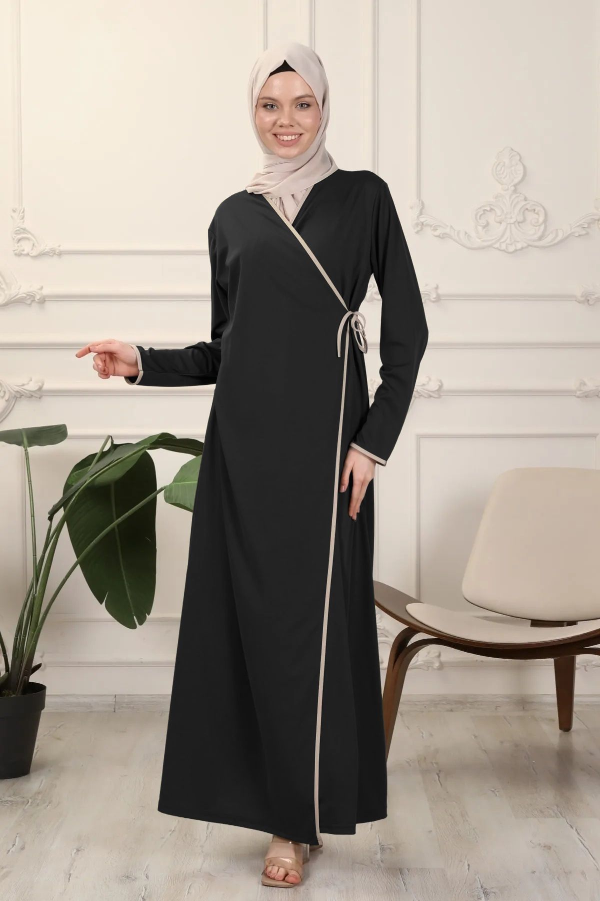 New Product Selection M292 # Cross border Muslim Middle Eastern Women's Wear Color Contrasting Strap Robe Casual Long Sleeve Arabic Robe Dress