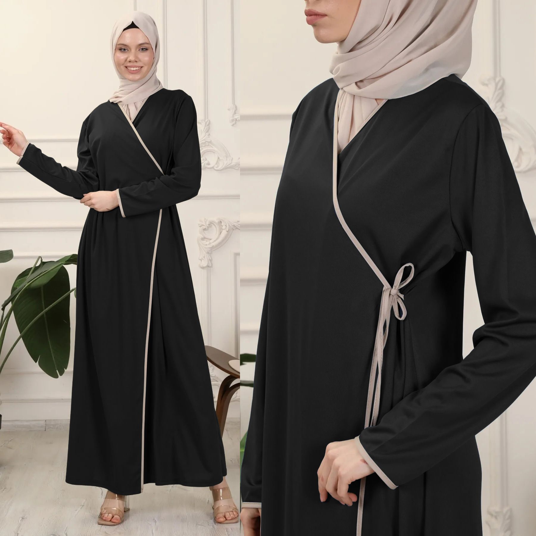 New Product Selection M292 # Cross border Muslim Middle Eastern Women's Wear Color Contrasting Strap Robe Casual Long Sleeve Arabic Robe Dress