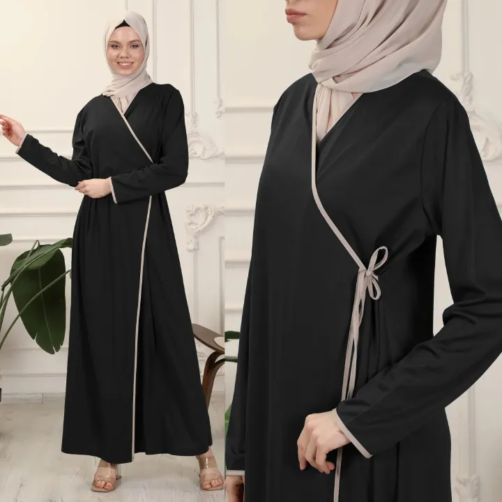 New Product Selection M292 # Cross border Muslim Middle Eastern Women's Wear Color Contrasting Strap Robe Casual Long Sleeve Arabic Robe Dress