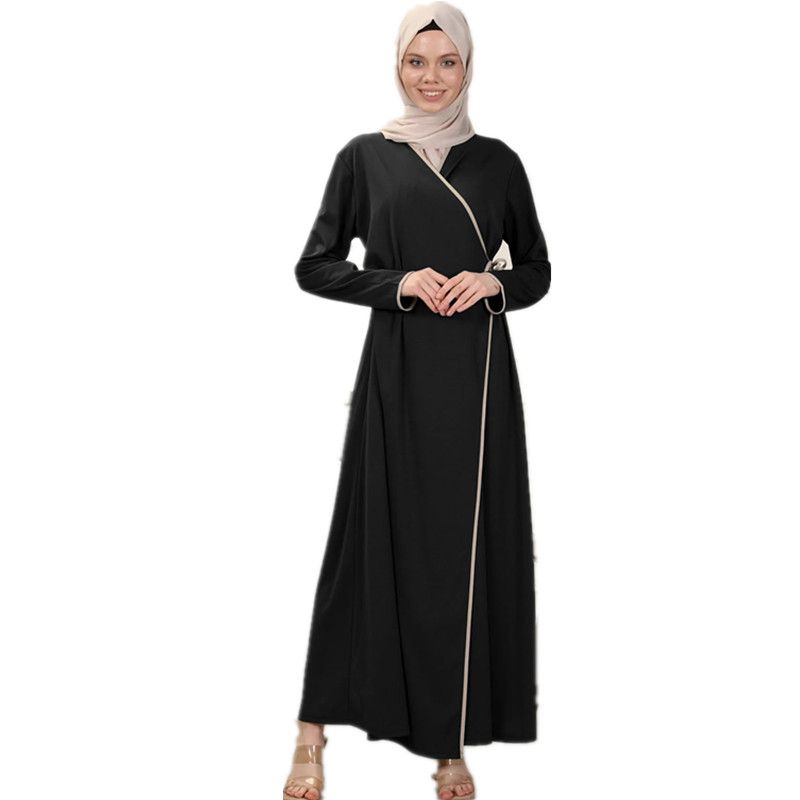 New Product Selection M292 # Cross border Muslim Middle Eastern Women's Wear Color Contrasting Strap Robe Casual Long Sleeve Arabic Robe Dress
