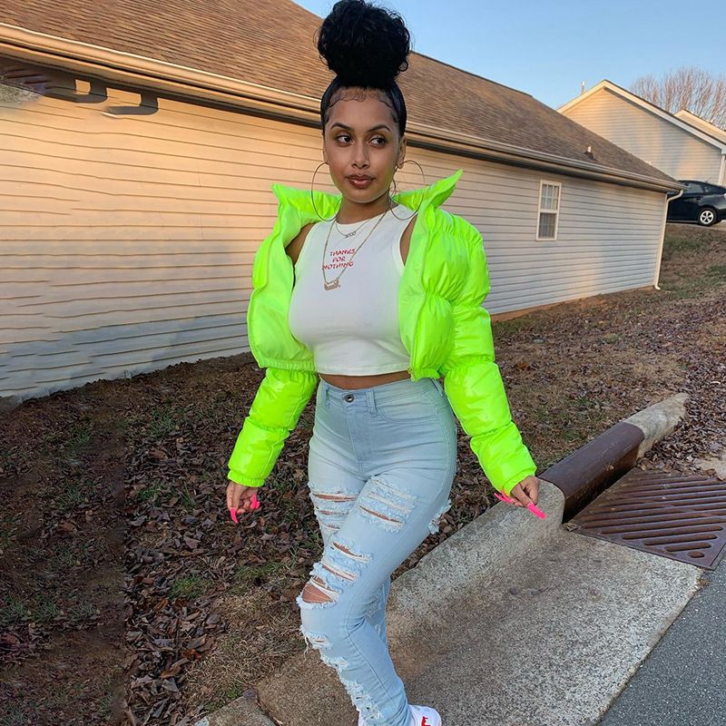 New product selection: Cross border women's clothing from Europe and America, winter solid color mirror PU leather stand up collar cardigan, down cotton jacket, women's wholesale