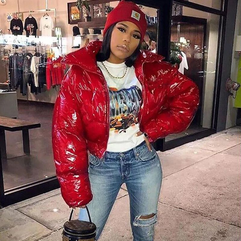 New product selection: Cross border women's clothing from Europe and America, winter solid color mirror PU leather stand up collar cardigan, down cotton jacket, women's wholesale