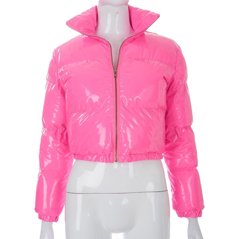 New product selection: Cross border women's clothing from Europe and America, winter solid color mirror PU leather stand up collar cardigan, down cotton jacket, women's wholesale