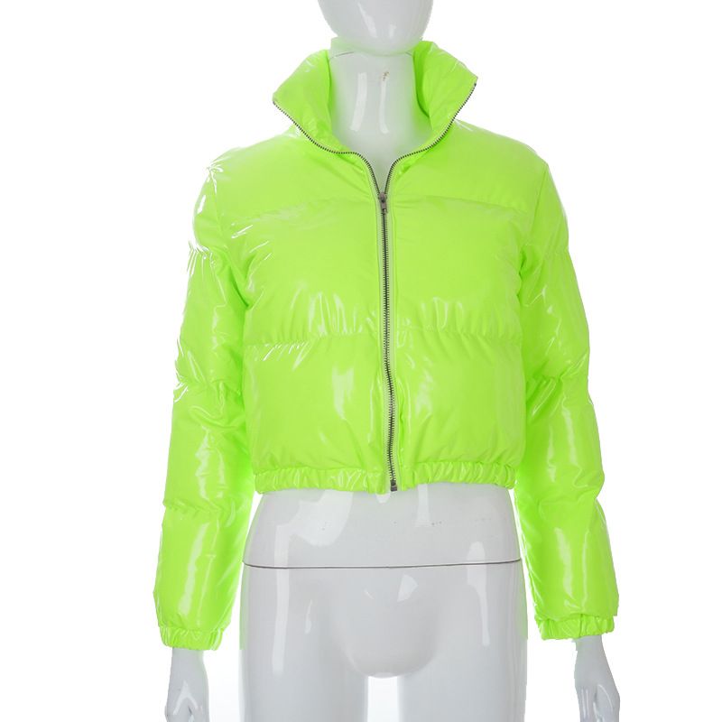 New product selection: Cross border women's clothing from Europe and America, winter solid color mirror PU leather stand up collar cardigan, down cotton jacket, women's wholesale