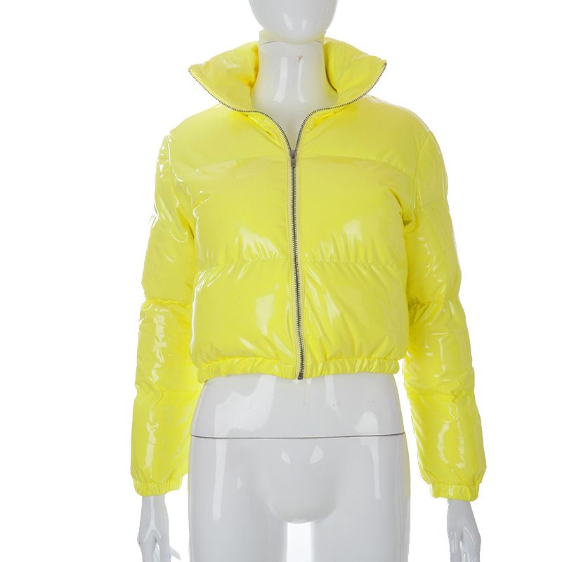 New product selection: Cross border women's clothing from Europe and America, winter solid color mirror PU leather stand up collar cardigan, down cotton jacket, women's wholesale