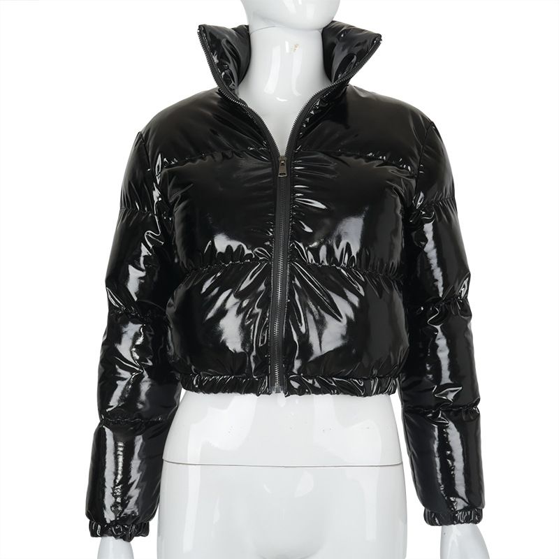 New product selection: Cross border women's clothing from Europe and America, winter solid color mirror PU leather stand up collar cardigan, down cotton jacket, women's wholesale