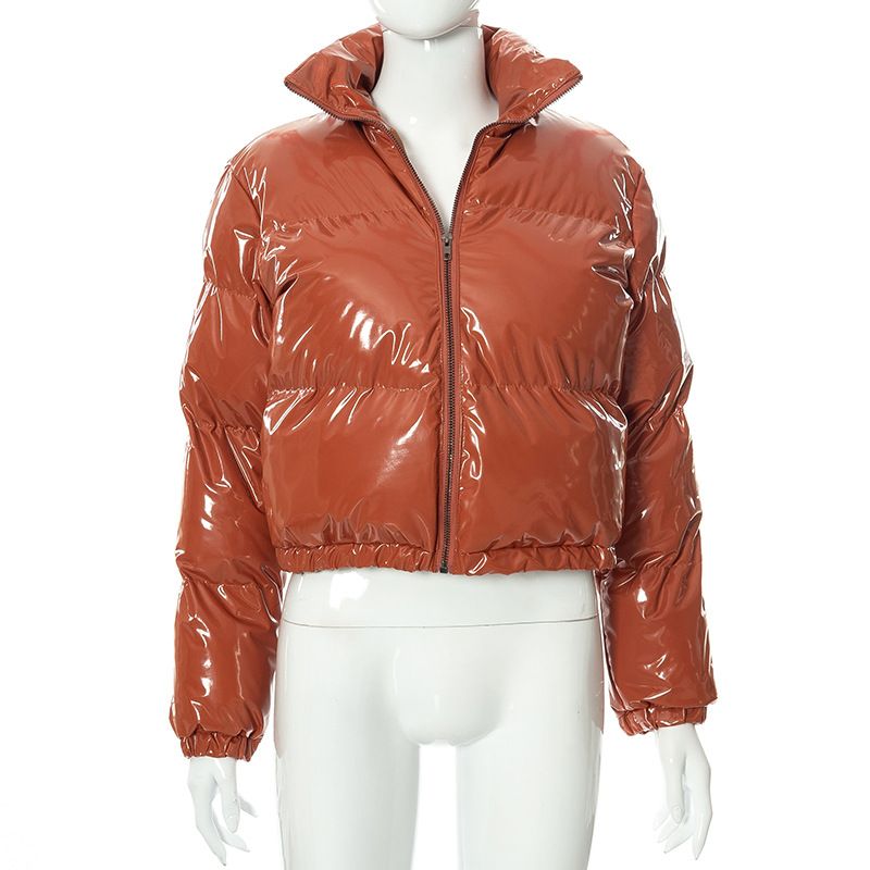 New product selection: Cross border women's clothing from Europe and America, winter solid color mirror PU leather stand up collar cardigan, down cotton jacket, women's wholesale