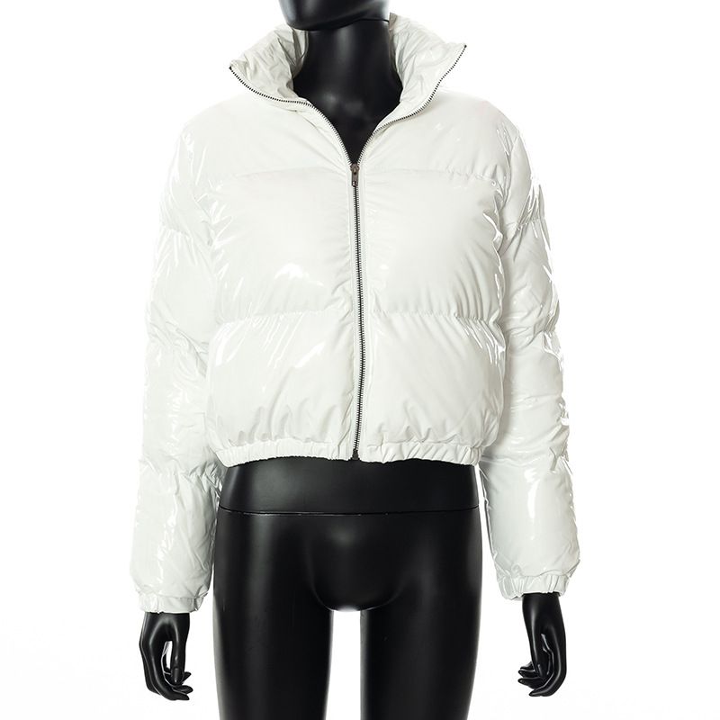 New product selection: Cross border women's clothing from Europe and America, winter solid color mirror PU leather stand up collar cardigan, down cotton jacket, women's wholesale