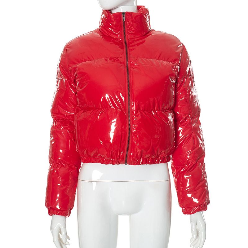 New product selection: Cross border women's clothing from Europe and America, winter solid color mirror PU leather stand up collar cardigan, down cotton jacket, women's wholesale