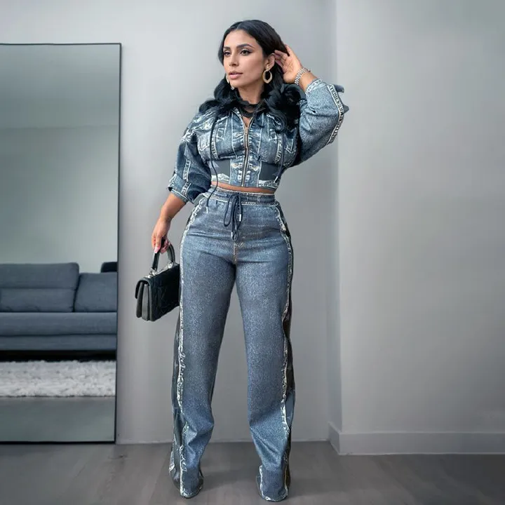 New Product Selection D24ST545 Cross border Premium Small Fragrant Style Retro Cowboy Printed Comfortable Casual Coat Wide Leg Pants Two Piece Set