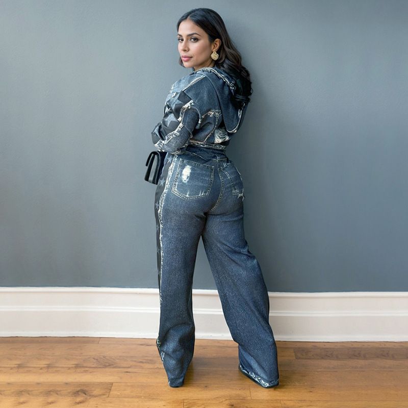 New Product Selection D24ST545 Cross border Premium Small Fragrant Style Retro Cowboy Printed Comfortable Casual Coat Wide Leg Pants Two Piece Set