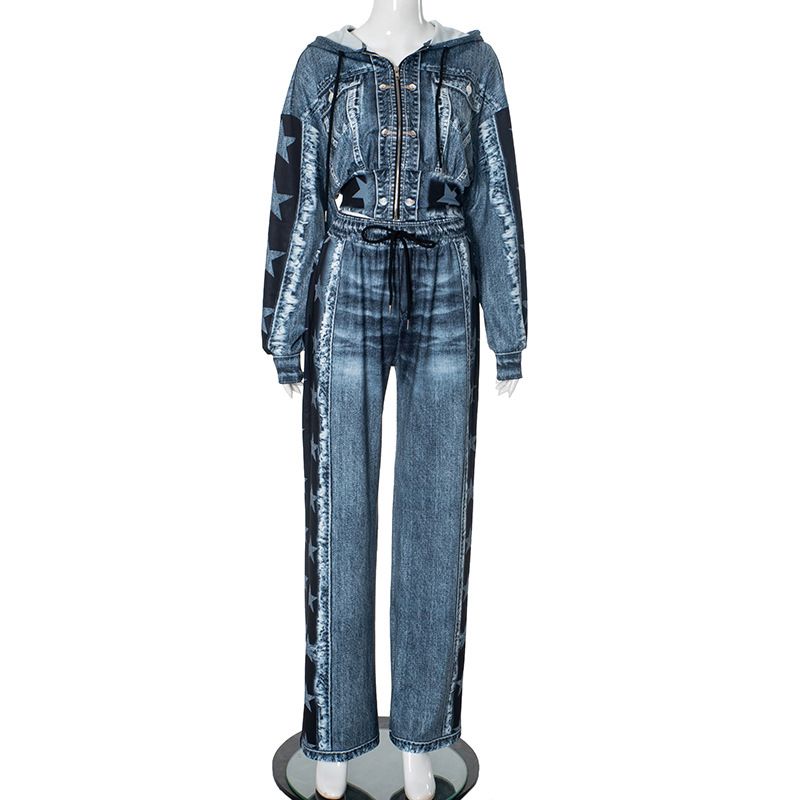 New Product Selection D24ST545 Cross border Premium Small Fragrant Style Retro Cowboy Printed Comfortable Casual Coat Wide Leg Pants Two Piece Set
