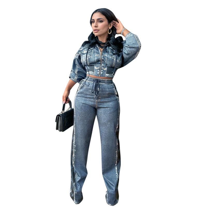 New Product Selection D24ST545 Cross border Premium Small Fragrant Style Retro Cowboy Printed Comfortable Casual Coat Wide Leg Pants Two Piece Set
