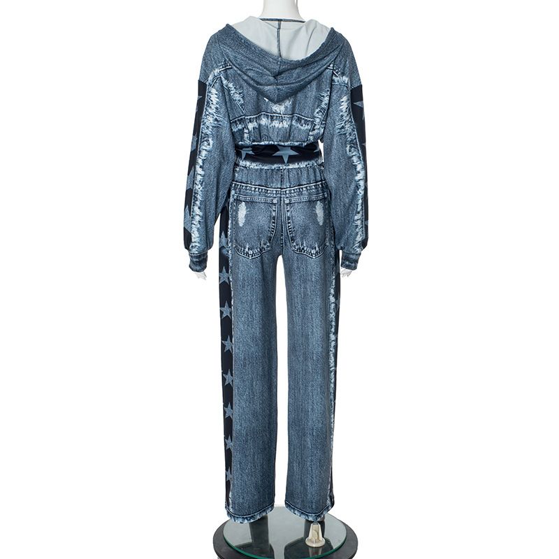 New Product Selection D24ST545 Cross border Premium Small Fragrant Style Retro Cowboy Printed Comfortable Casual Coat Wide Leg Pants Two Piece Set