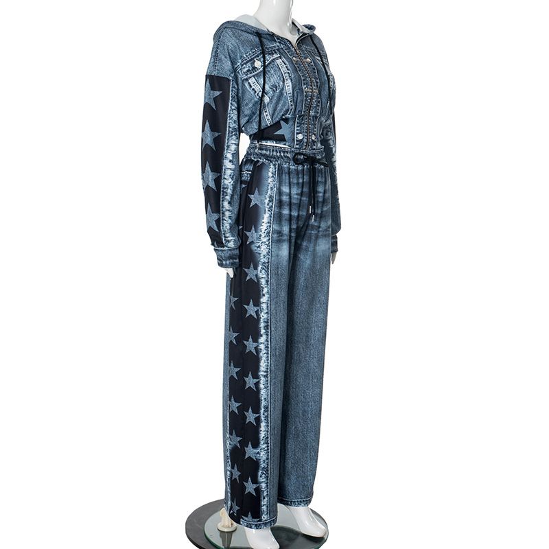 New Product Selection D24ST545 Cross border Premium Small Fragrant Style Retro Cowboy Printed Comfortable Casual Coat Wide Leg Pants Two Piece Set