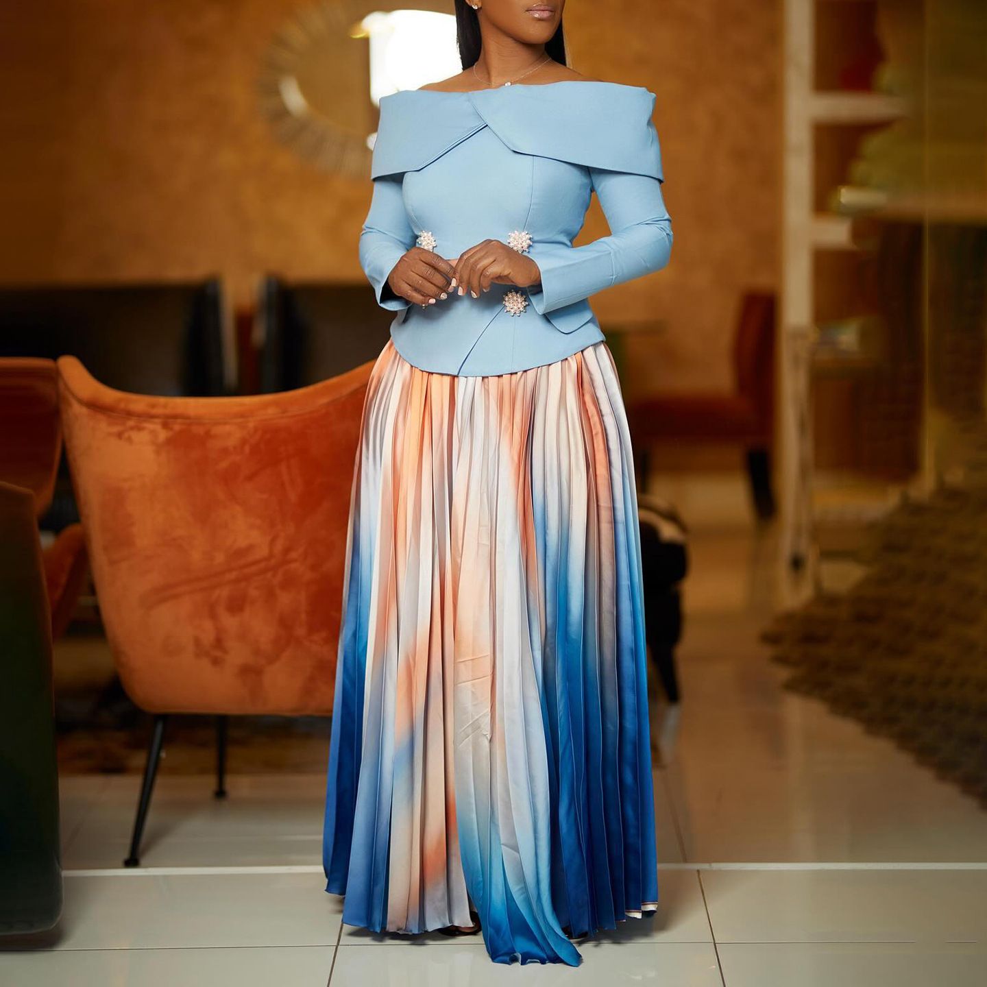 New product selection D3309 new cross-border European and American foreign trade fashionable temperament elegant one collar top long skirt African suit