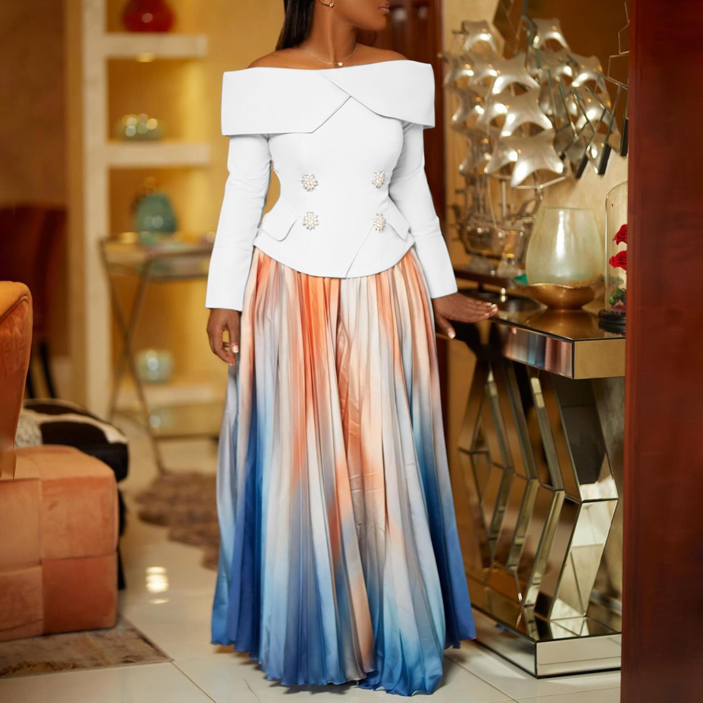 New product selection D3309 new cross-border European and American foreign trade fashionable temperament elegant one collar top long skirt African suit