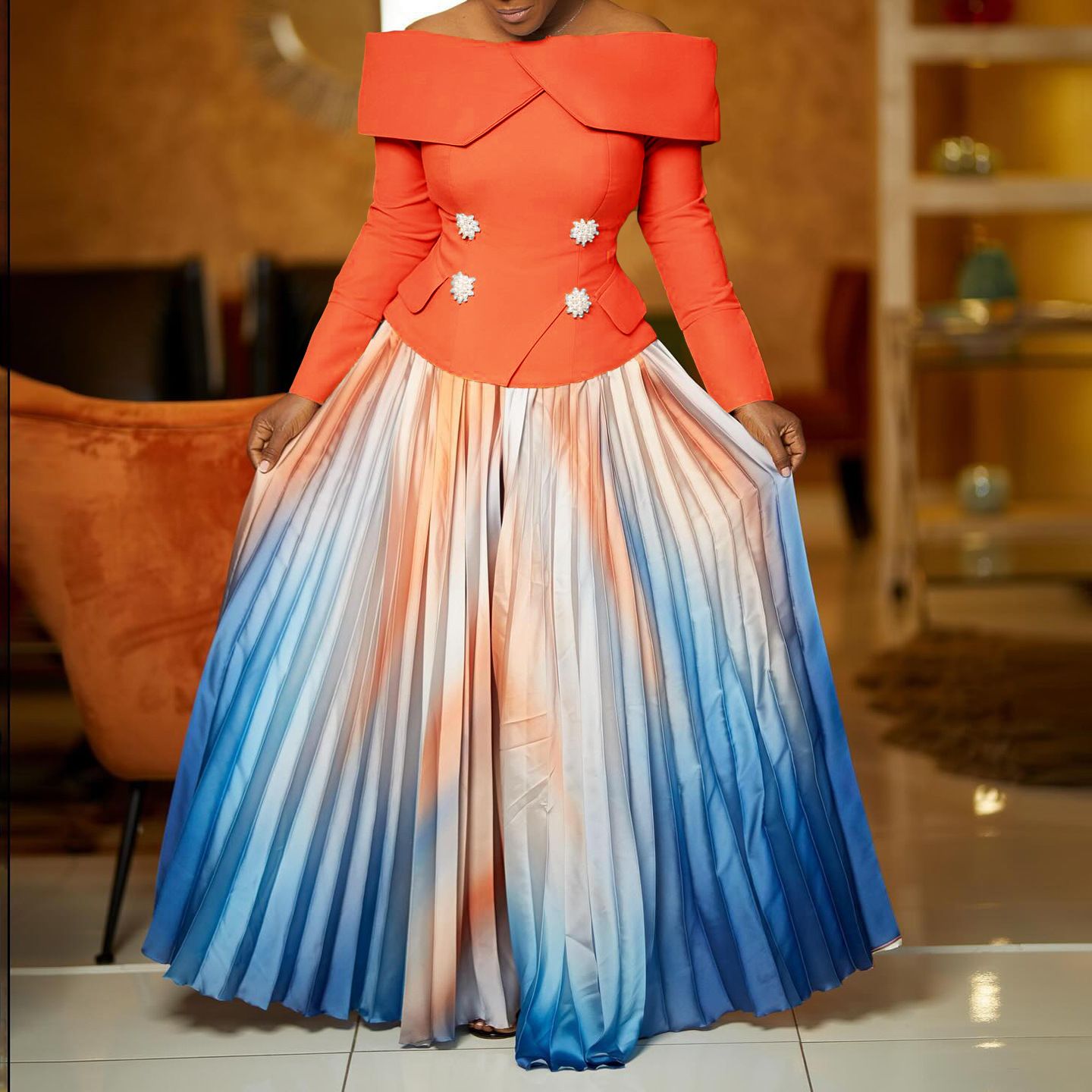 New product selection D3309 new cross-border European and American foreign trade fashionable temperament elegant one collar top long skirt African suit