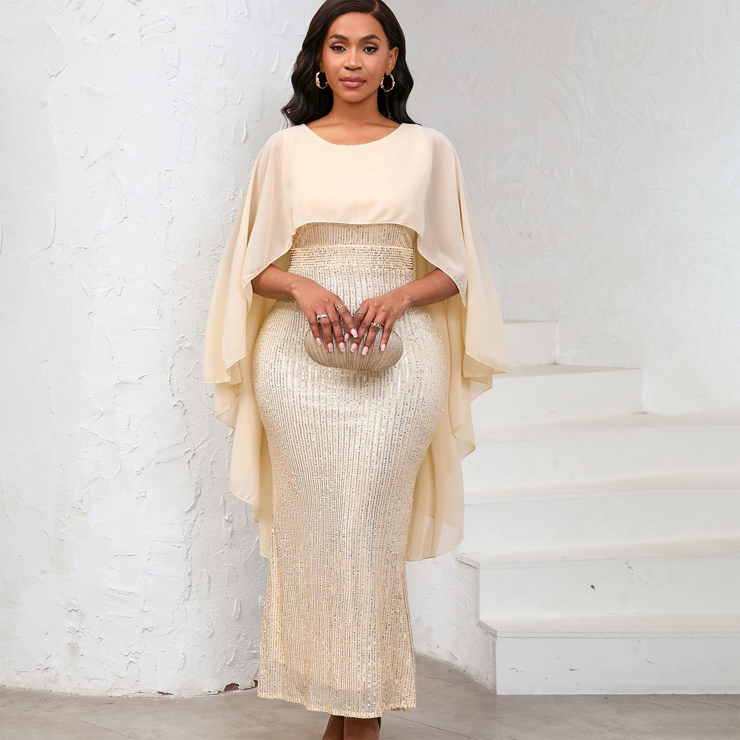 New Product Selection D556 European and American Women's Spring New Fashion Chiffon Cloak Sparkling Hip Wrapping Long Dress Banquet Party Dress