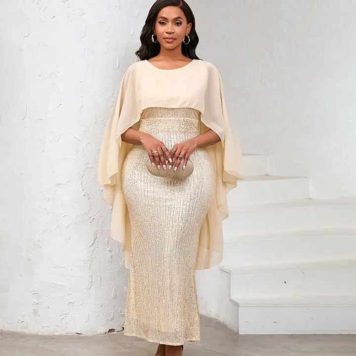 New Product Selection D556 European and American Women's Spring New Fashion Chiffon Cloak Sparkling Hip Wrapping Long Dress Banquet Party Dress