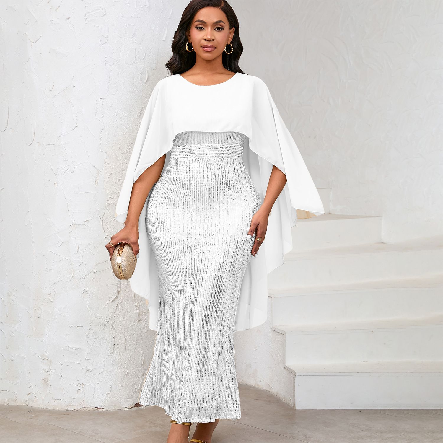 New Product Selection D556 European and American Women's Spring New Fashion Chiffon Cloak Sparkling Hip Wrapping Long Dress Banquet Party Dress