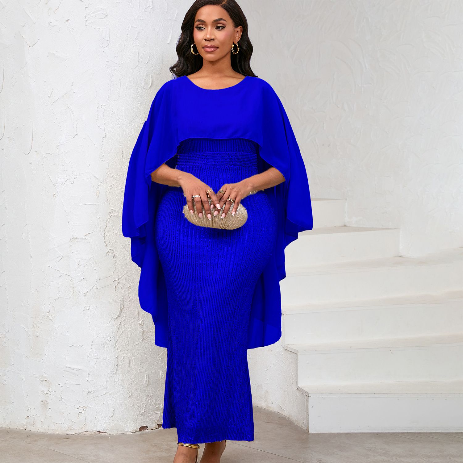 New Product Selection D556 European and American Women's Spring New Fashion Chiffon Cloak Sparkling Hip Wrapping Long Dress Banquet Party Dress