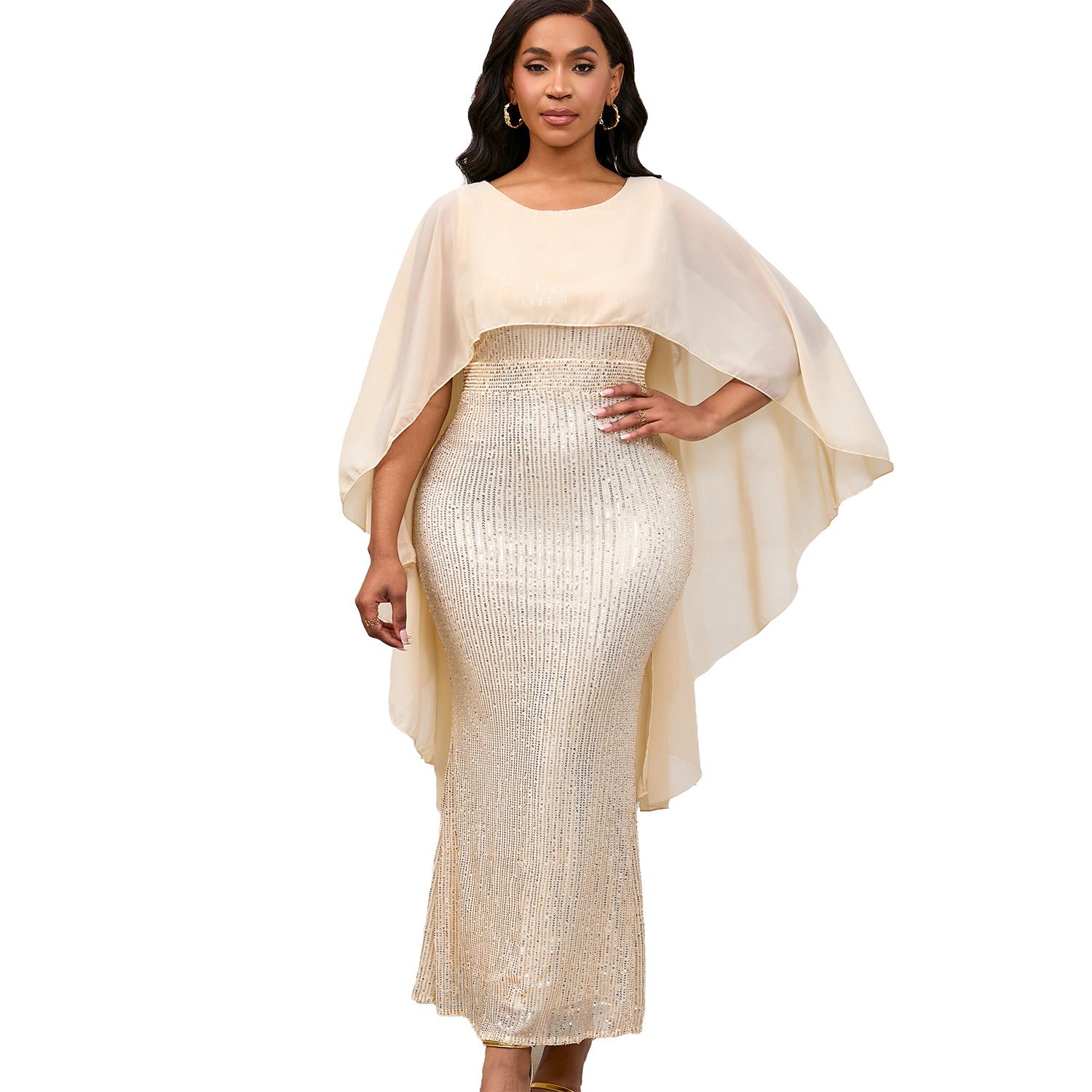 New Product Selection D556 European and American Women's Spring New Fashion Chiffon Cloak Sparkling Hip Wrapping Long Dress Banquet Party Dress