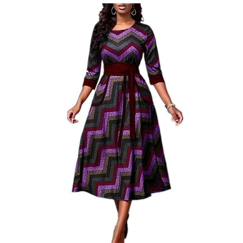 New Product Selection: European and American Autumn/Winter Commuter Dress, Round Neck, Long Sleeve, Printed Waist Collection, Waist Belt, Medium Length, Large Swing Skirt, Women's Wear