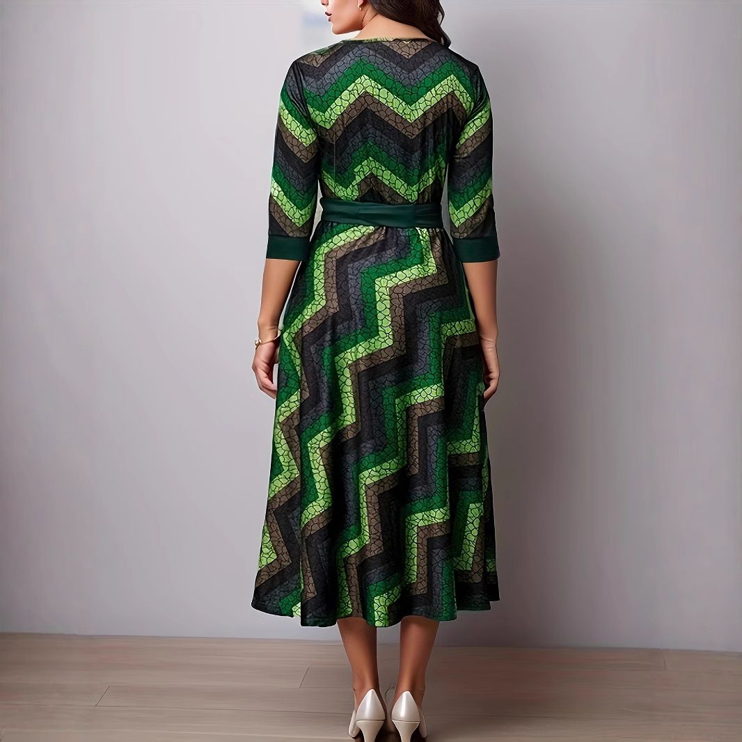 New Product Selection: European and American Autumn/Winter Commuter Dress, Round Neck, Long Sleeve, Printed Waist Collection, Waist Belt, Medium Length, Large Swing Skirt, Women's Wear