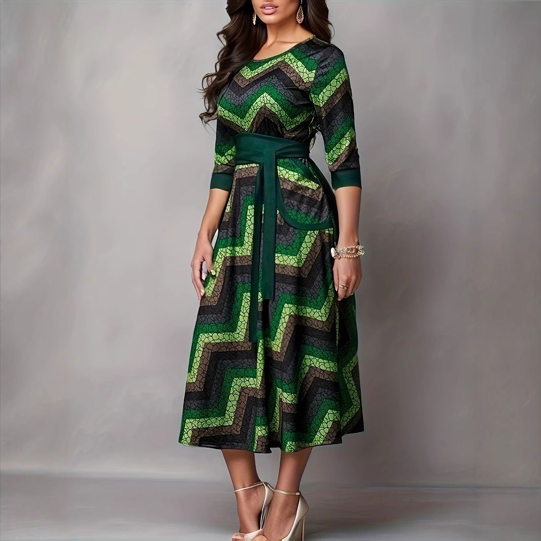 New Product Selection: European and American Autumn/Winter Commuter Dress, Round Neck, Long Sleeve, Printed Waist Collection, Waist Belt, Medium Length, Large Swing Skirt, Women's Wear