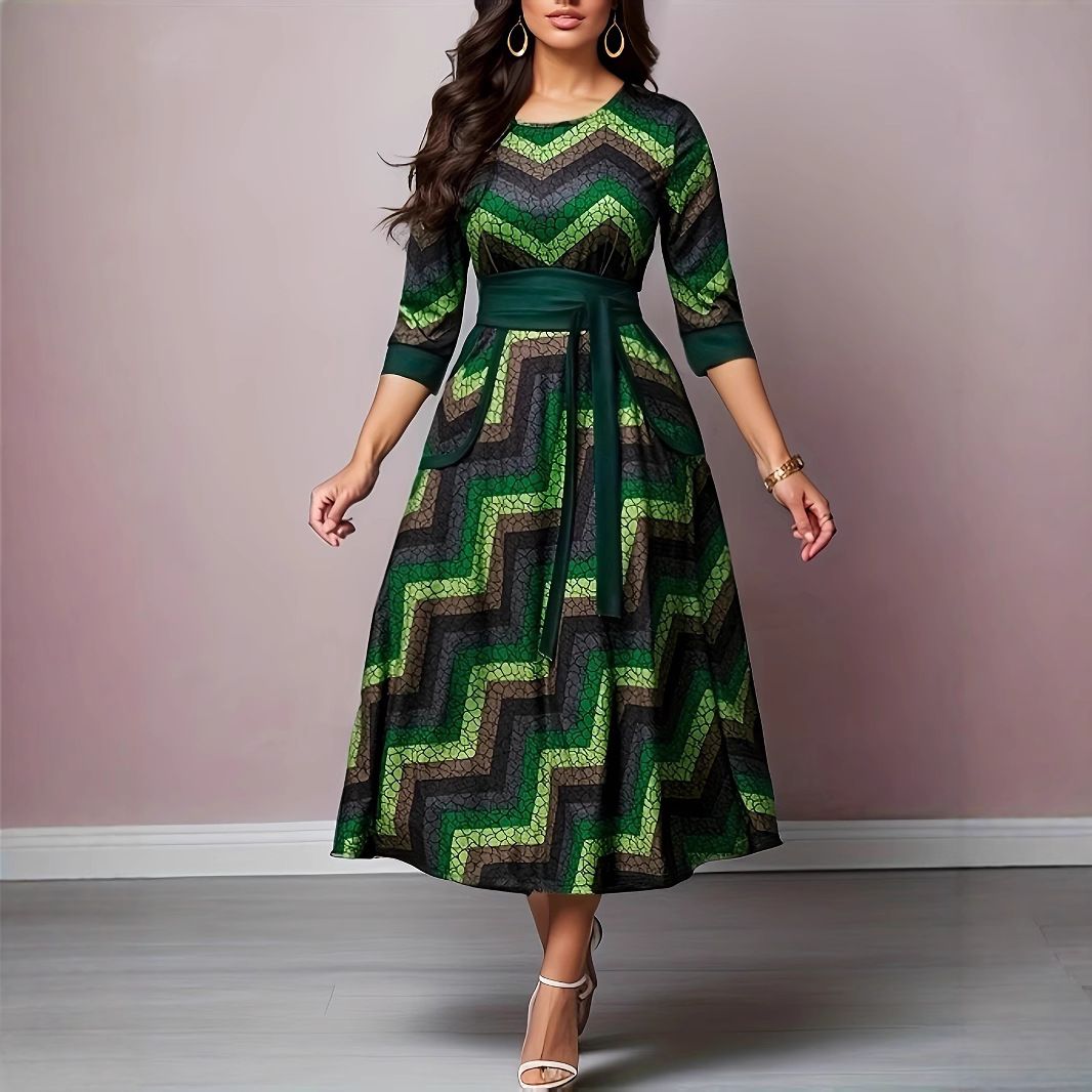 New Product Selection: European and American Autumn/Winter Commuter Dress, Round Neck, Long Sleeve, Printed Waist Collection, Waist Belt, Medium Length, Large Swing Skirt, Women's Wear
