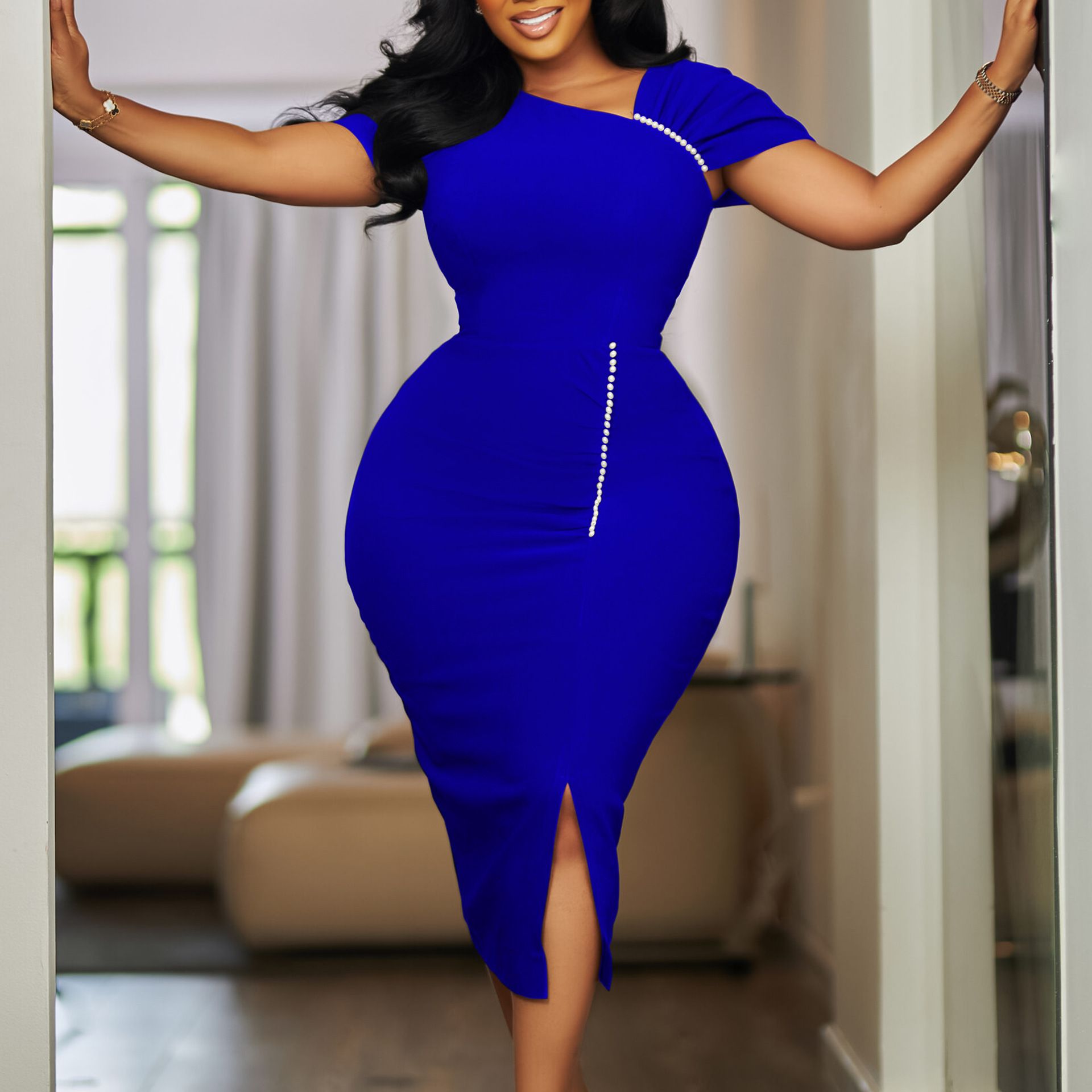 New Product Selection D564 European and American Amazon Foreign Trade New Style Temperament Bag Hip Nail Bead High Waist OL Tongle Pencil Skirt African Dress