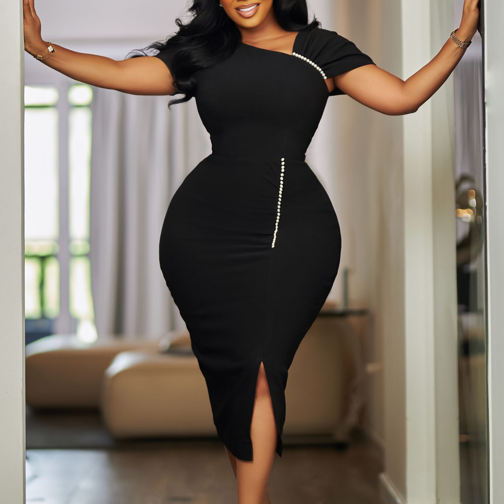 New Product Selection D564 European and American Amazon Foreign Trade New Style Temperament Bag Hip Nail Bead High Waist OL Tongle Pencil Skirt African Dress