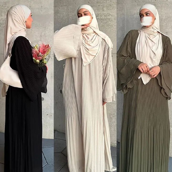 New product selection MQ155 Muslim Dubai pullover robe chiffon pleated dress Amazon Middle East solid color cross-border women's clothing