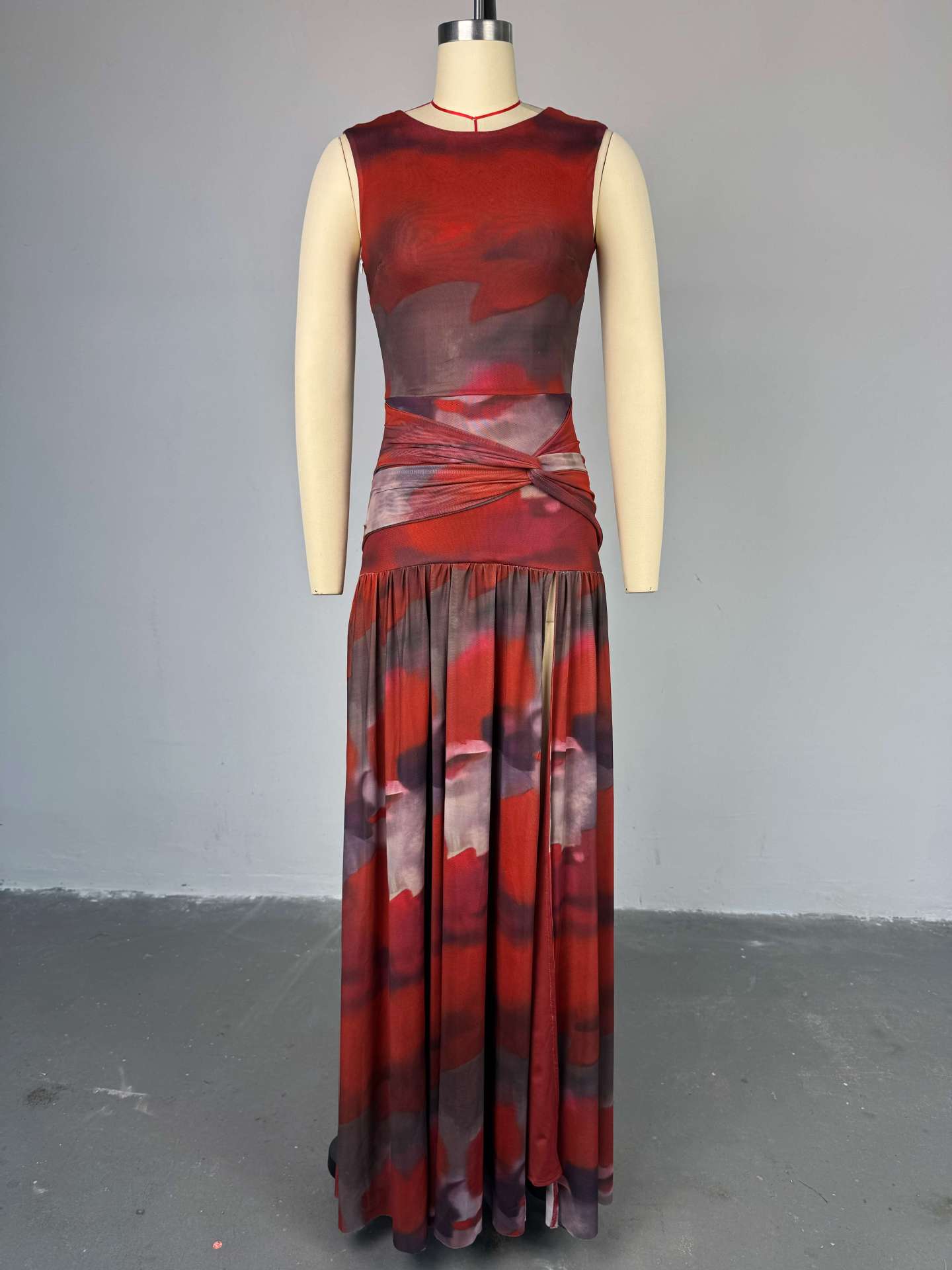 New Product Selection: European and American Women's Clothing 2025 Spring New Collection Sweet and Fresh Printed Round Neck High Waist Split Dress Long Skirt