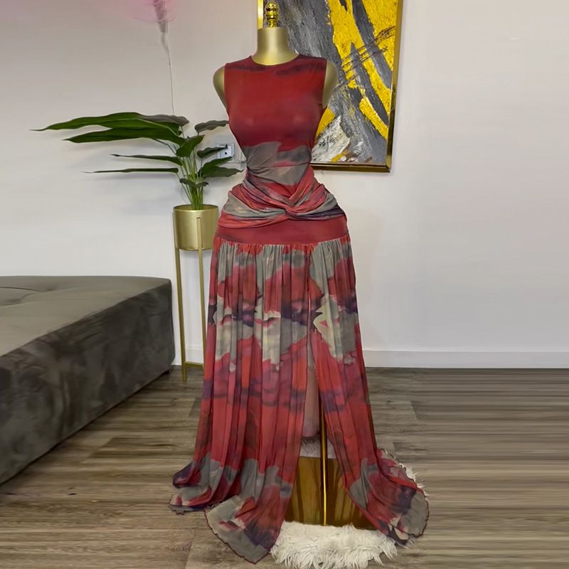 New Product Selection: European and American Women's Clothing 2025 Spring New Collection Sweet and Fresh Printed Round Neck High Waist Split Dress Long Skirt