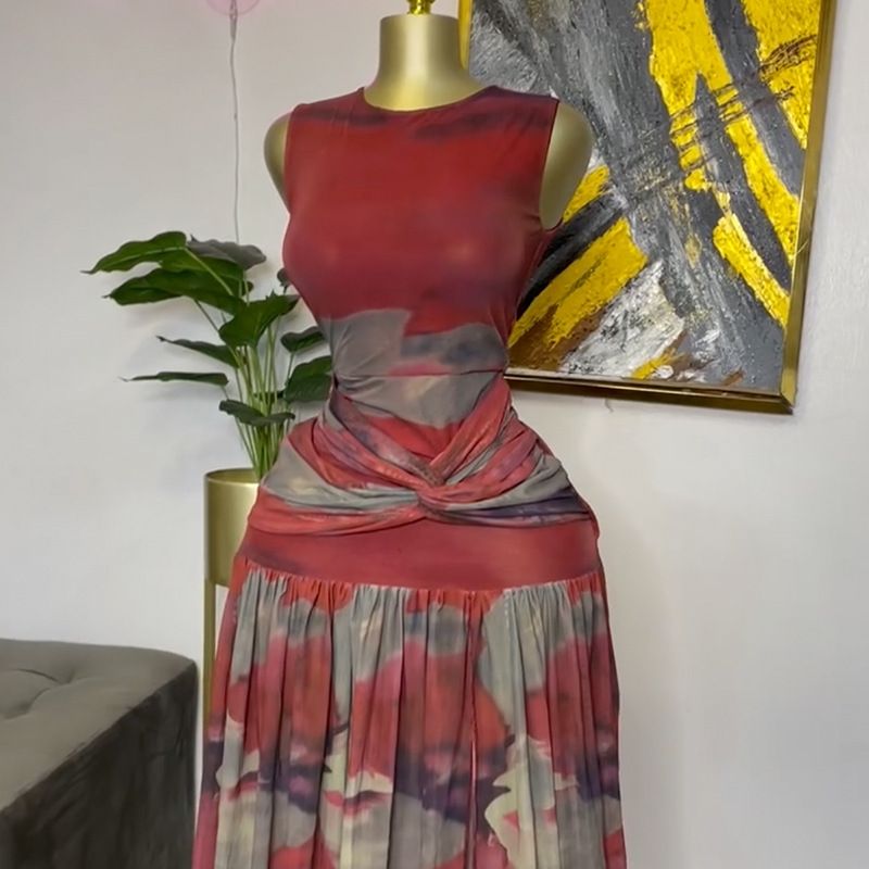 New Product Selection: European and American Women's Clothing 2025 Spring New Collection Sweet and Fresh Printed Round Neck High Waist Split Dress Long Skirt