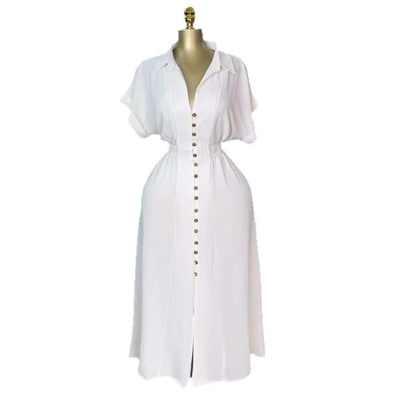New Product Selection: Cross border Women's Clothing from Europe and America, 2025 Summer New Fashion Collection: Collar, Short sleeved, Single breasted, Waist cinched, Split, Shirt, Dress