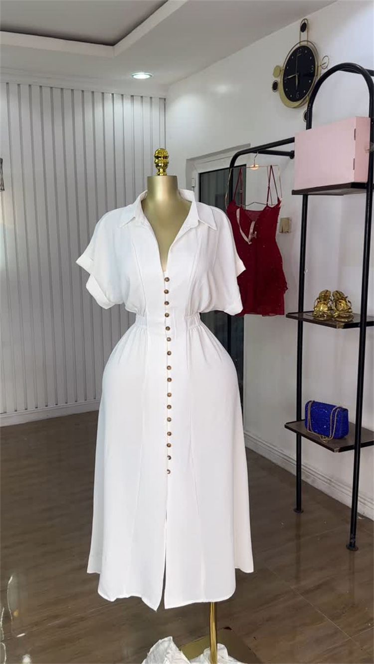 New Product Selection: Cross border Women's Clothing from Europe and America, 2025 Summer New Fashion Collection: Collar, Short sleeved, Single breasted, Waist cinched, Split, Shirt, Dress