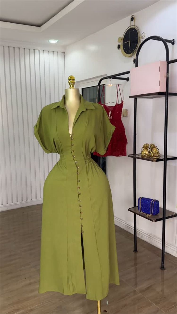 New Product Selection: Cross border Women's Clothing from Europe and America, 2025 Summer New Fashion Collection: Collar, Short sleeved, Single breasted, Waist cinched, Split, Shirt, Dress