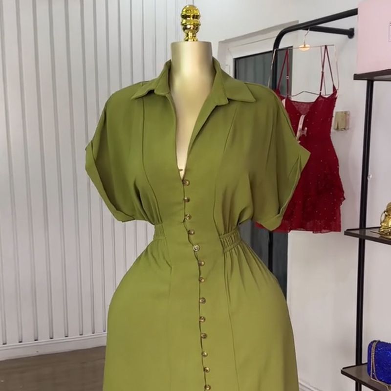 New Product Selection: Cross border Women's Clothing from Europe and America, 2025 Summer New Fashion Collection: Collar, Short sleeved, Single breasted, Waist cinched, Split, Shirt, Dress