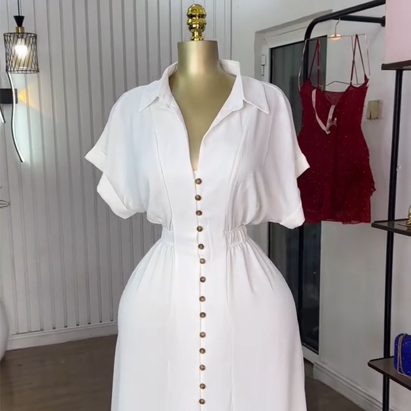 New Product Selection: Cross border Women's Clothing from Europe and America, 2025 Summer New Fashion Collection: Collar, Short sleeved, Single breasted, Waist cinched, Split, Shirt, Dress