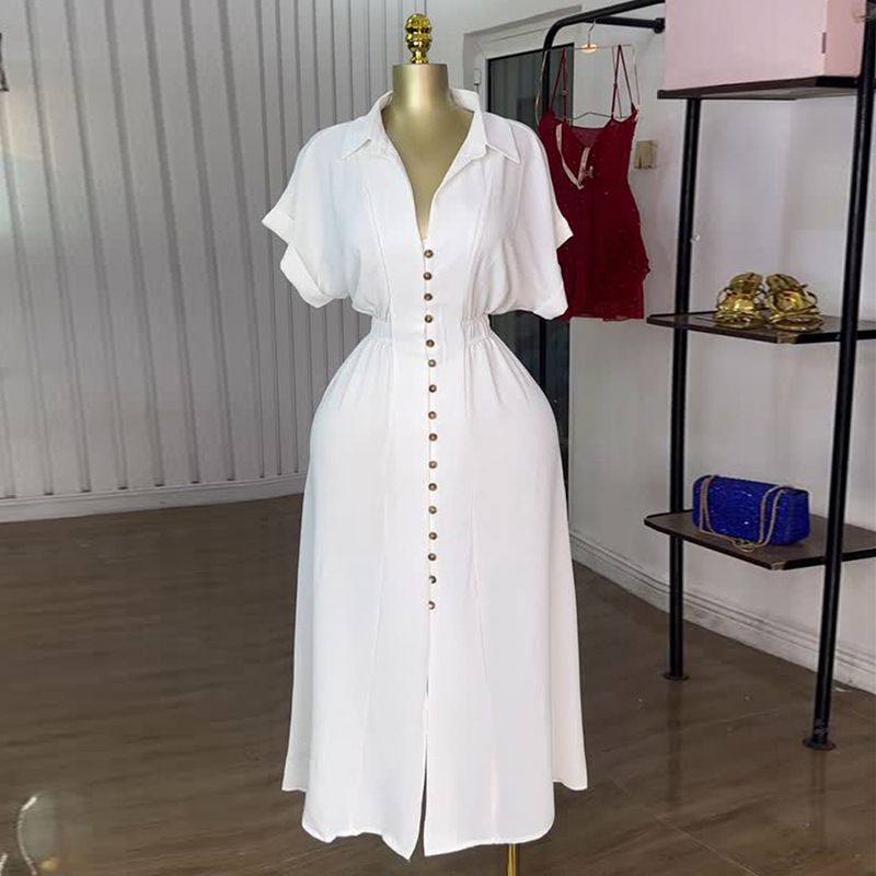 New Product Selection: Cross border Women's Clothing from Europe and America, 2025 Summer New Fashion Collection: Collar, Short sleeved, Single breasted, Waist cinched, Split, Shirt, Dress