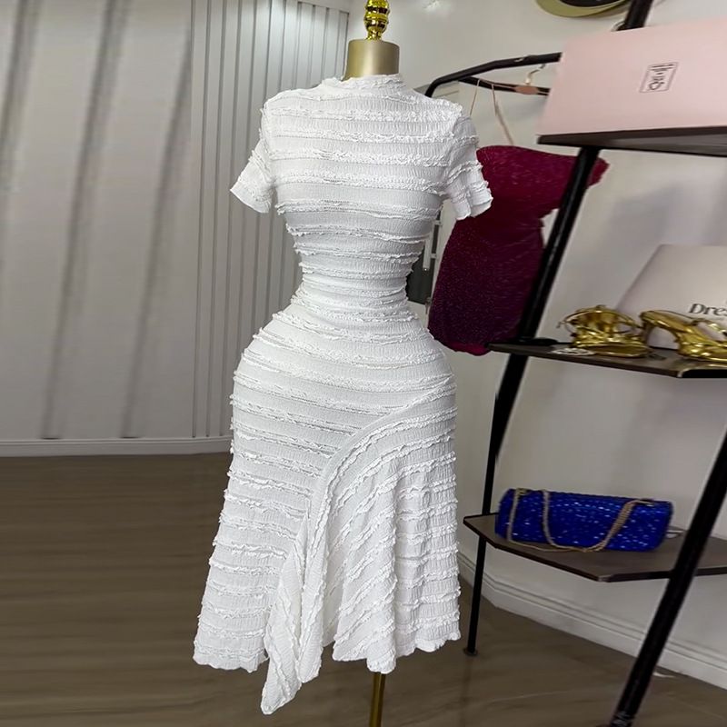 New Product Selection: European and American Women's Clothing 2025 Summer New Collection Sweet and Fresh Half High Collar Short Sleeve High Waist Slimming Dress Mid Skirt