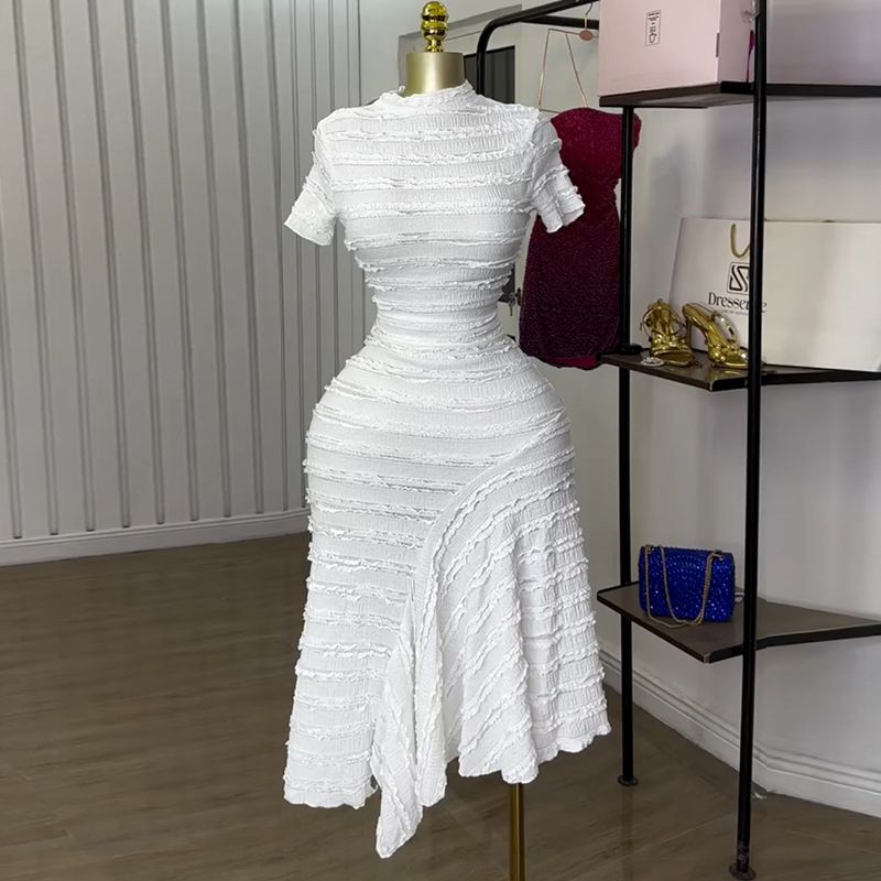 New Product Selection: European and American Women's Clothing 2025 Summer New Collection Sweet and Fresh Half High Collar Short Sleeve High Waist Slimming Dress Mid Skirt