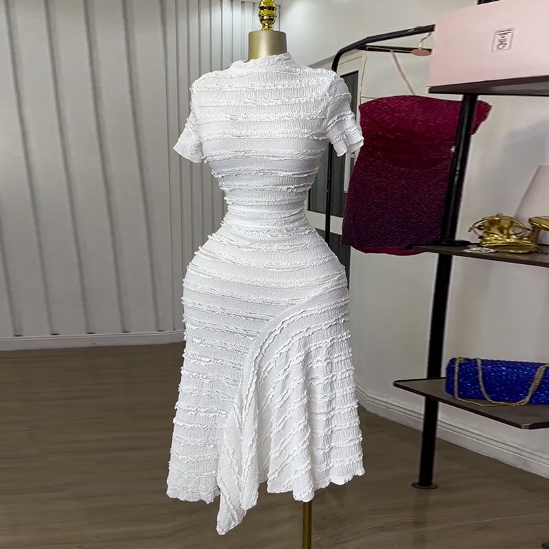 New Product Selection: European and American Women's Clothing 2025 Summer New Collection Sweet and Fresh Half High Collar Short Sleeve High Waist Slimming Dress Mid Skirt