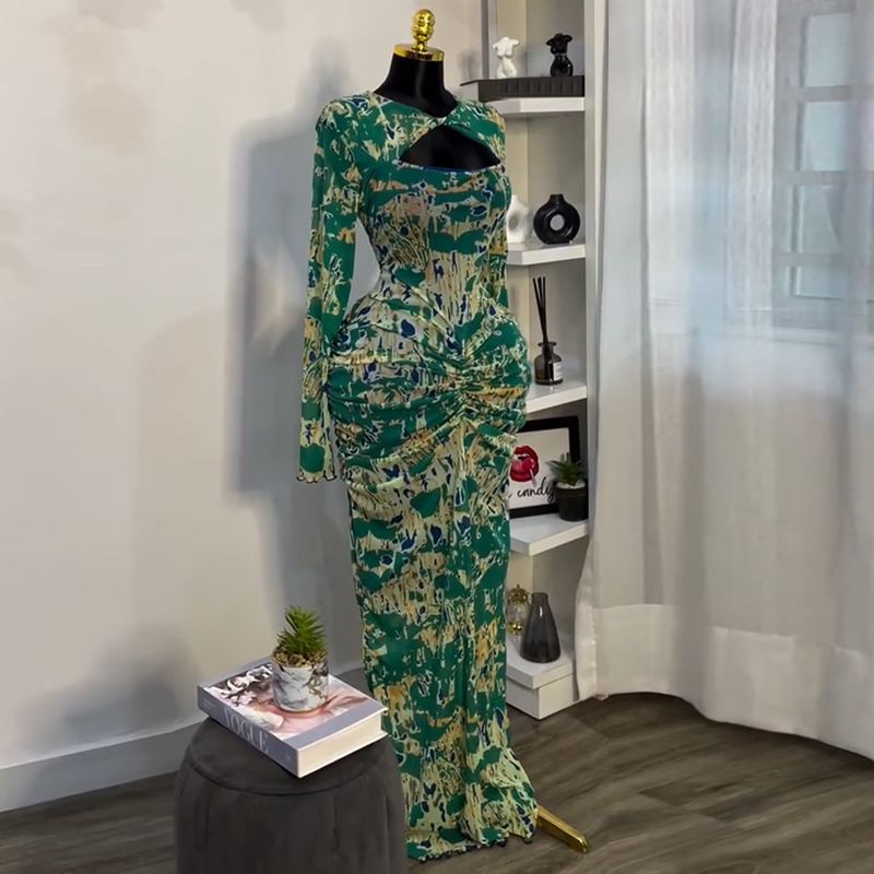 New Product Selection: European and American Women's Clothing 2025 Spring New Collection Sweet and Fresh Printed Hollow Collar Long Sleeve High Waist slimming Bag Hip Dress